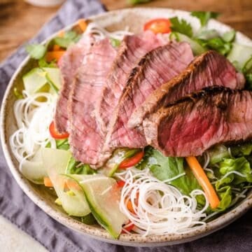 Close up of Vietnamese beef salad in a bowl