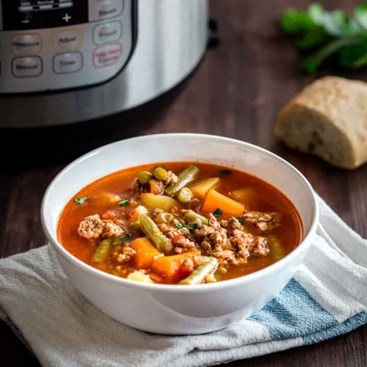 Instant Pot Hamburger Soup served in a white bowl