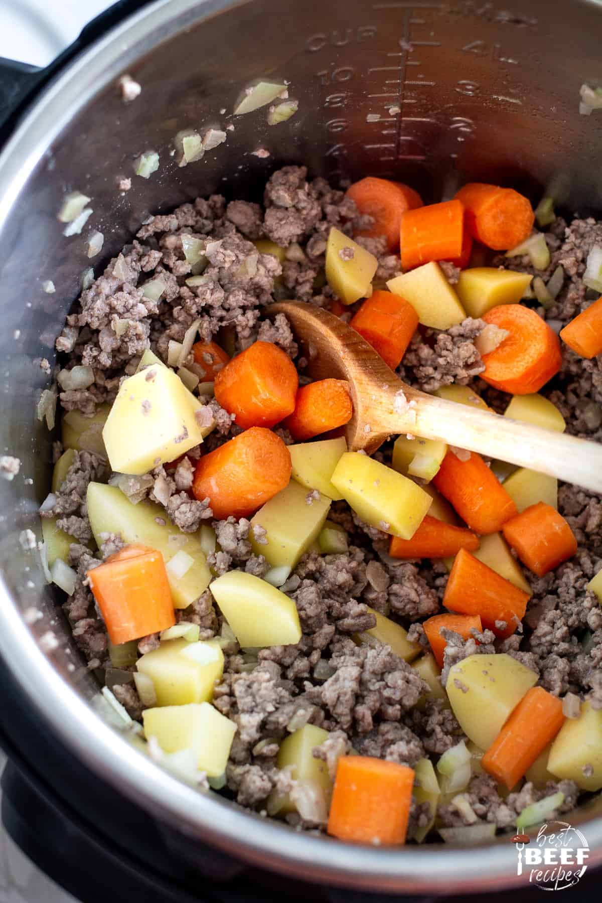 Cooking carrots and potatoes in Instant Pot Hamburger Soup