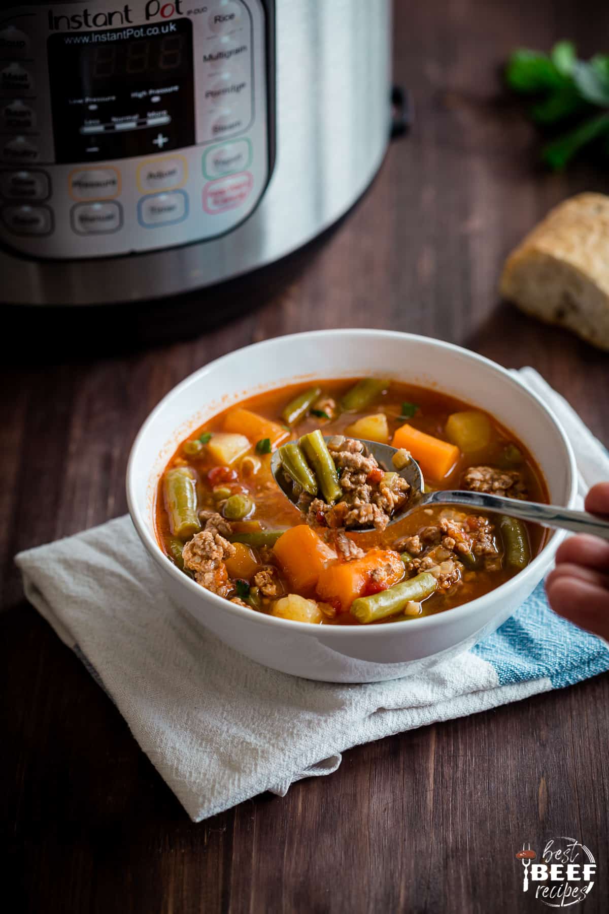 Spoonful of hamburger soup