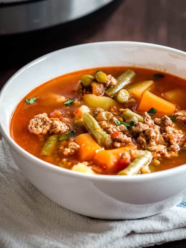 Instant Pot Hamburger Soup served in a white bowl