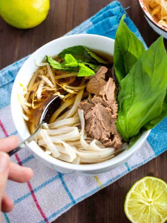 Enjoying instant pot beef pho with a spoon