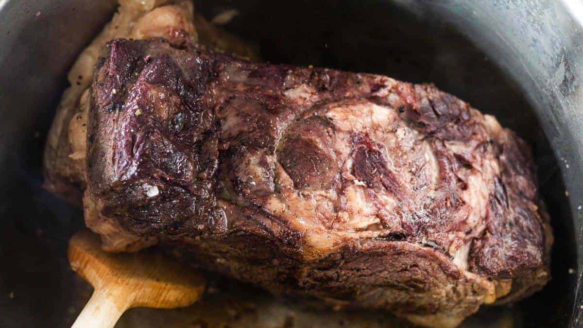 Browned instant pot prime rib in pot