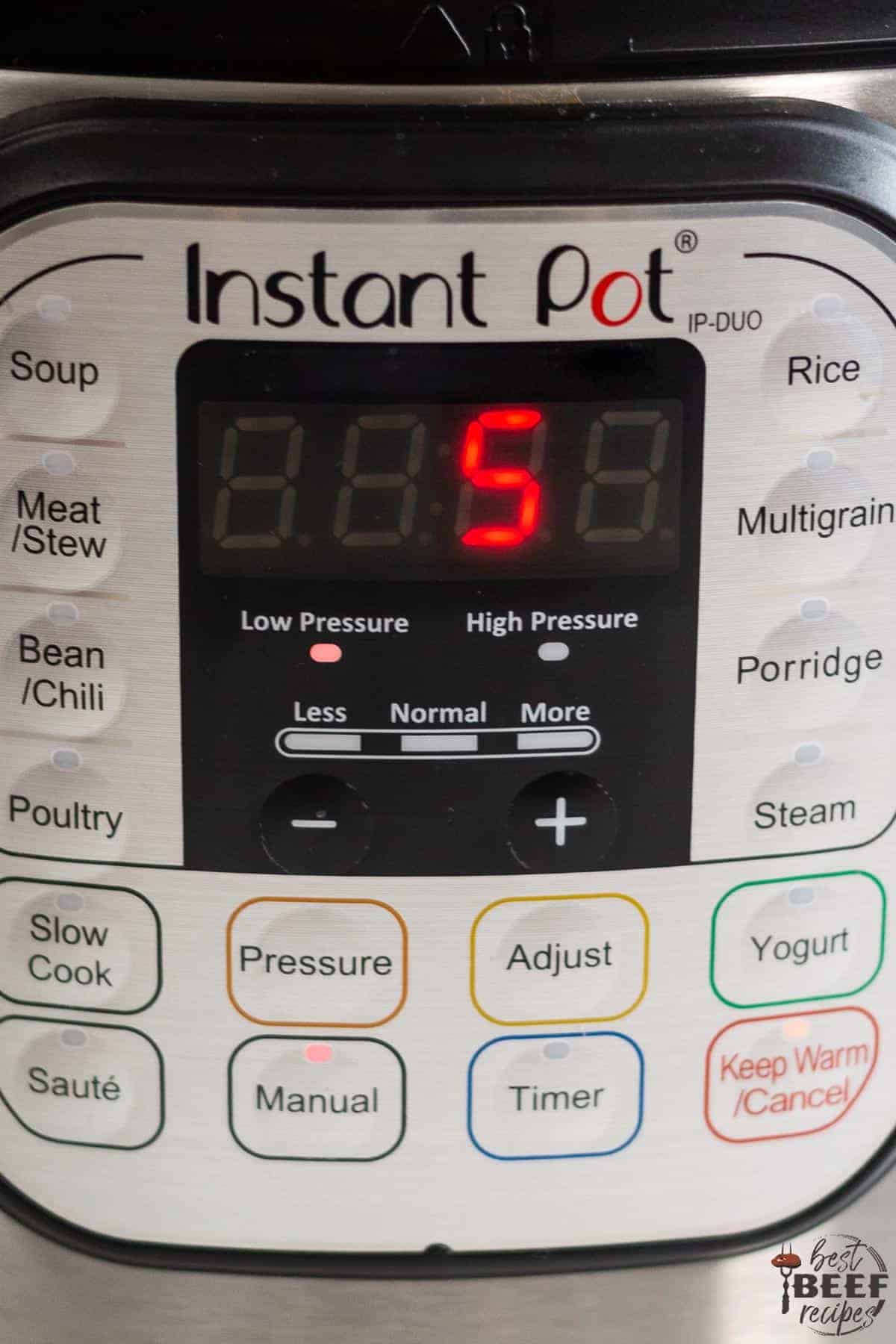 Instant Pot set to 5 minutes for Instant Pot Prime Rib