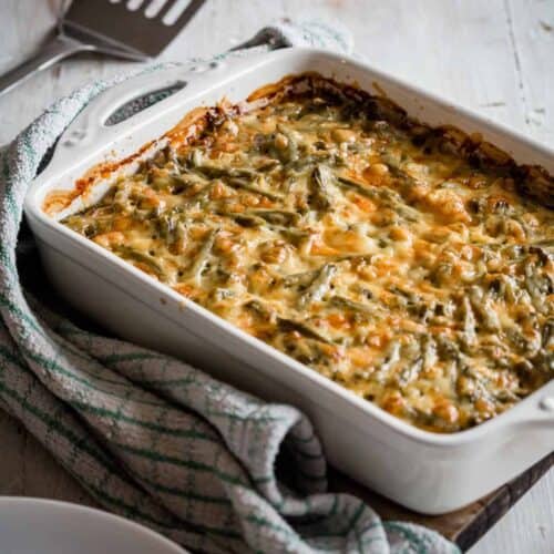 Keto hamburger casserole in a white baking dish