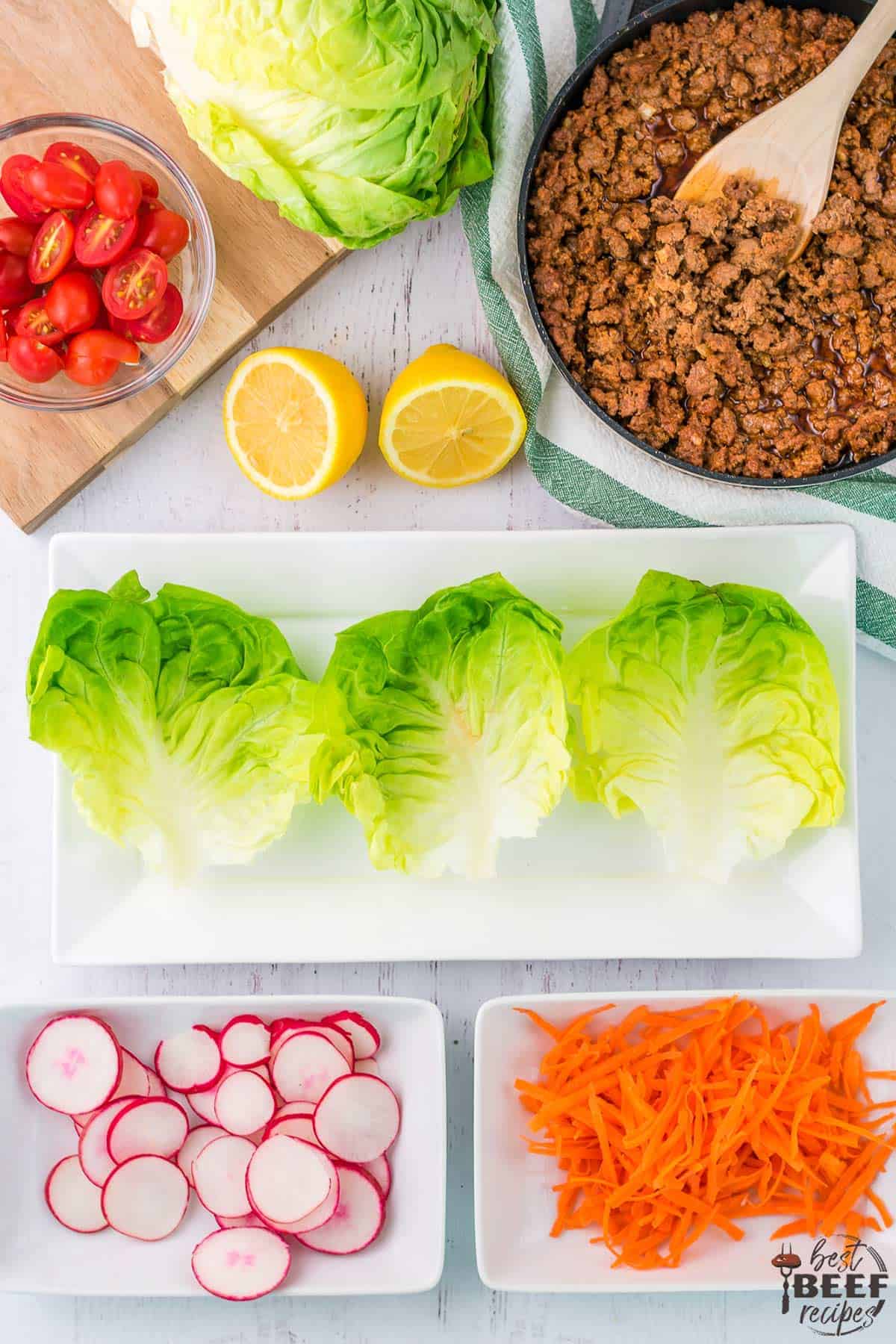Ingredients ready to assemble Portuguese beef lettuce wraps
