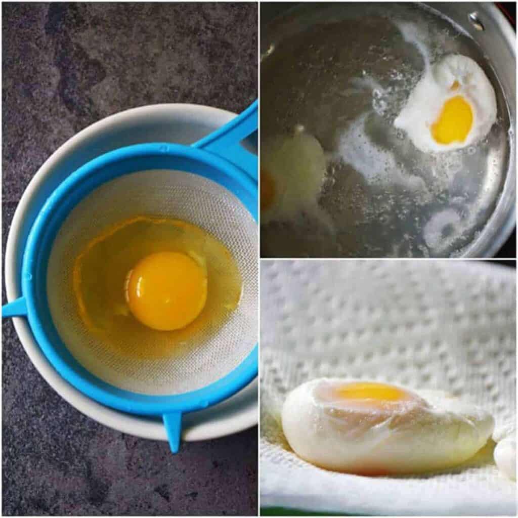 Step-by-step how to poach an egg: running the egg through a sieve, poaching the egg, and the completed poached egg on a paper towel