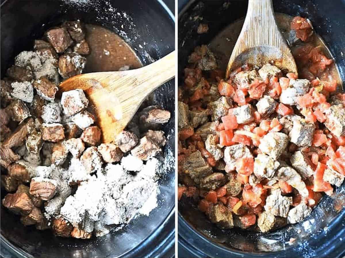 Two images showing step 3: Adding the beef and flour seasoning mixture to the crockpot, then adding the fire roasted tomatoes