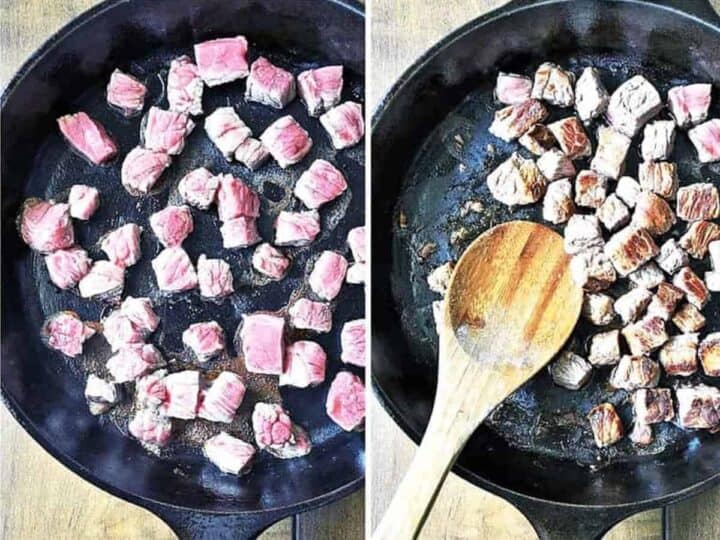 Two images showing step 2: Searing the cubed beef in oil in a pan