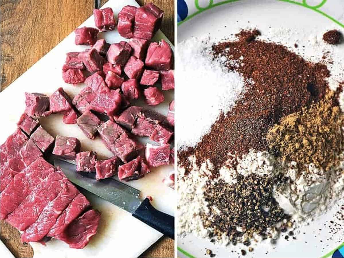 Two images showing step 1: cubing the beef, and mixing the flour and seasoning mixture