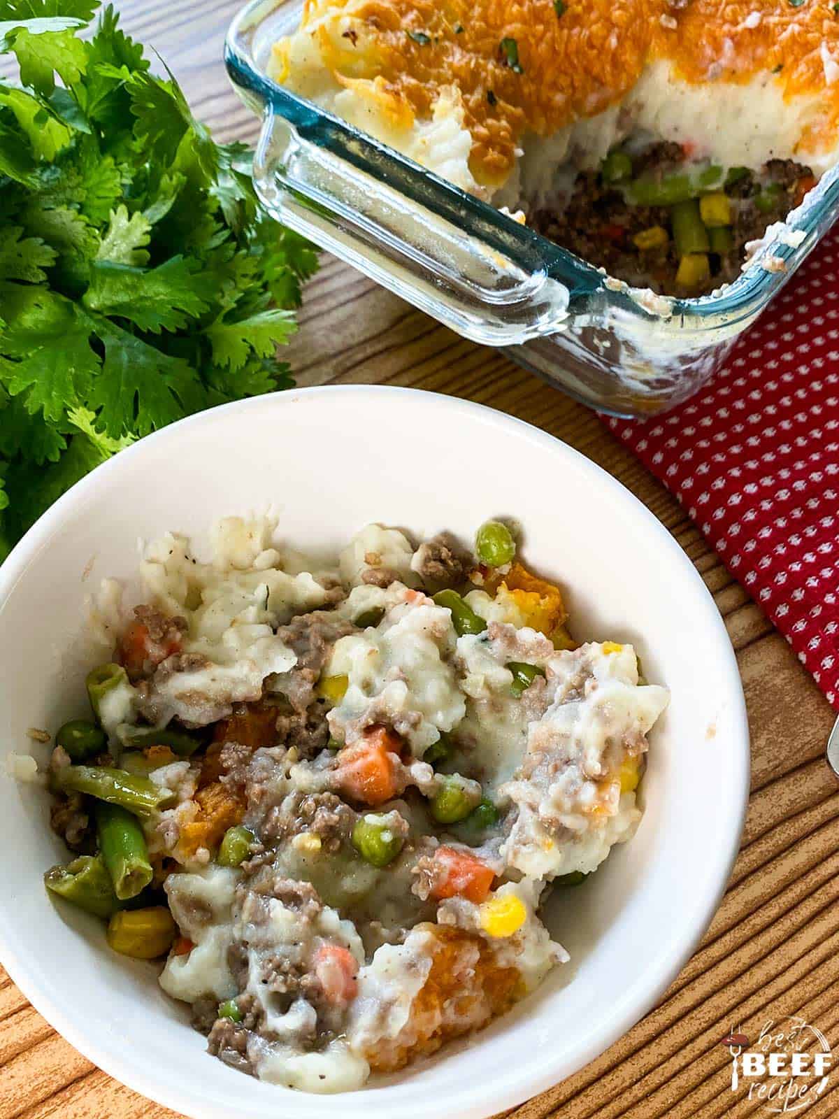 Instant Pot Shepherd's Pie dished out into a white bowl