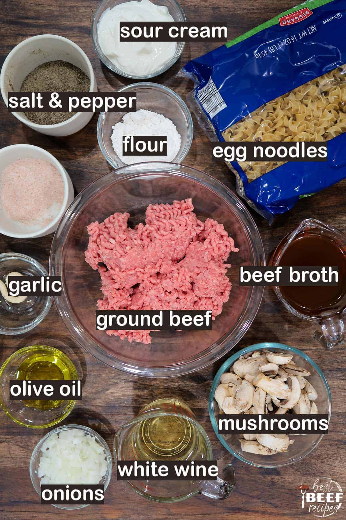 Ingredients to make instant pot beef and egg noodles with labels on a table