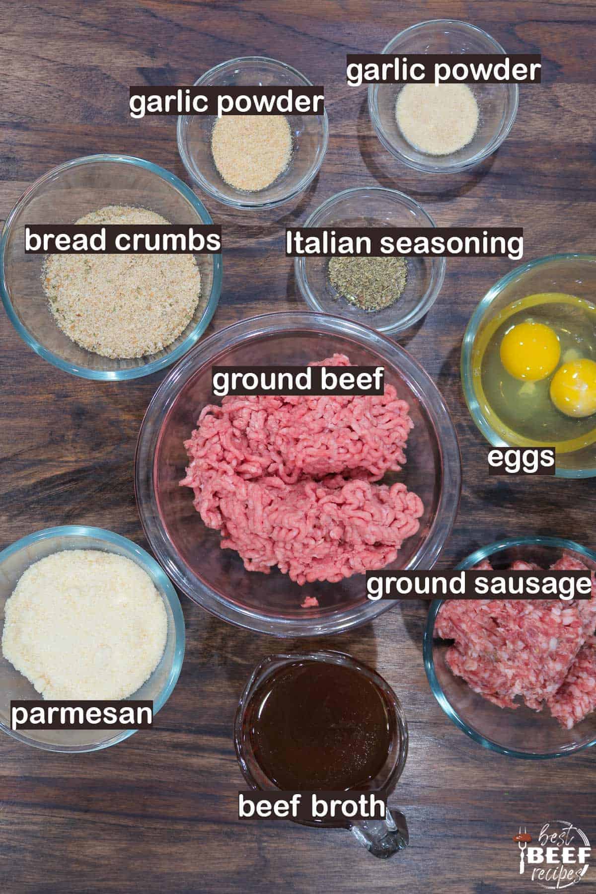 ingredients to make instant pot beef meatballs labeled on a table