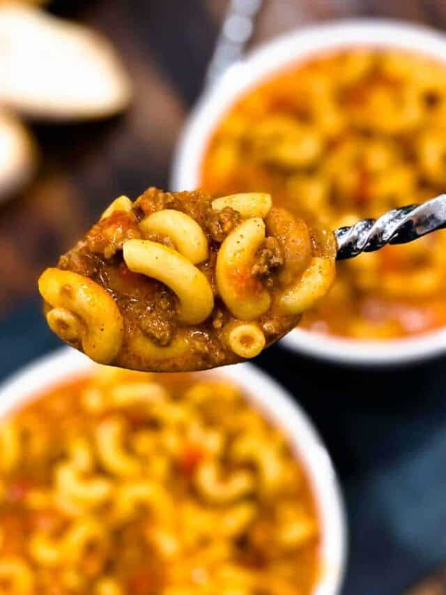 Close up of instant pot chili mac on a spoon