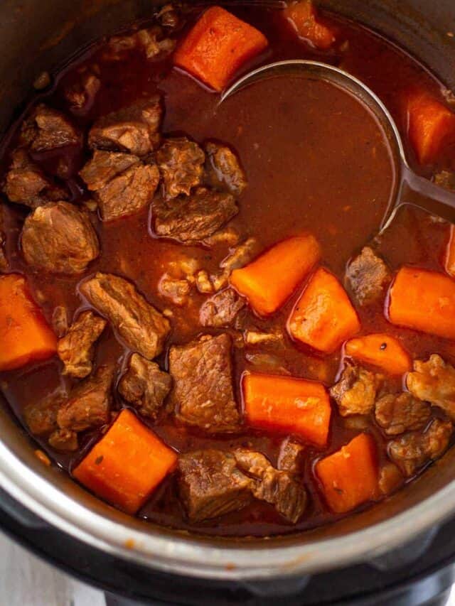 Close up on instant pot beef stew in the pressure cooker pot