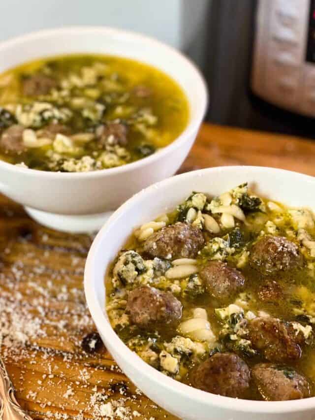 Two white bowls of Instant POt Italian wedding soup