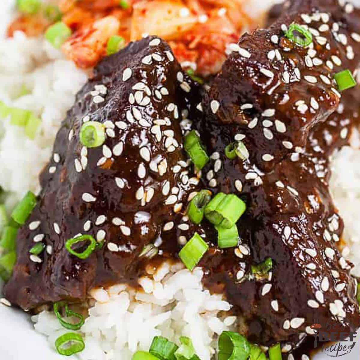 Korean braised short ribs with sesame seeds over rice
