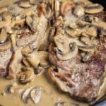 Close up of steak diane in the skillet