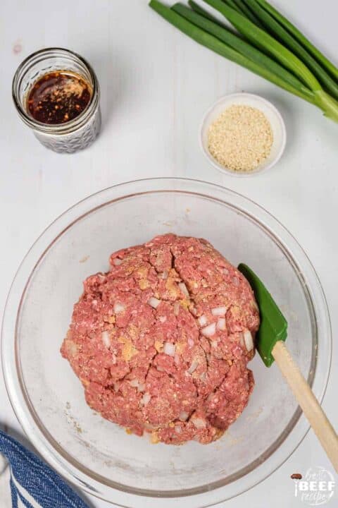 Meatball meat mix in a glass bowl
