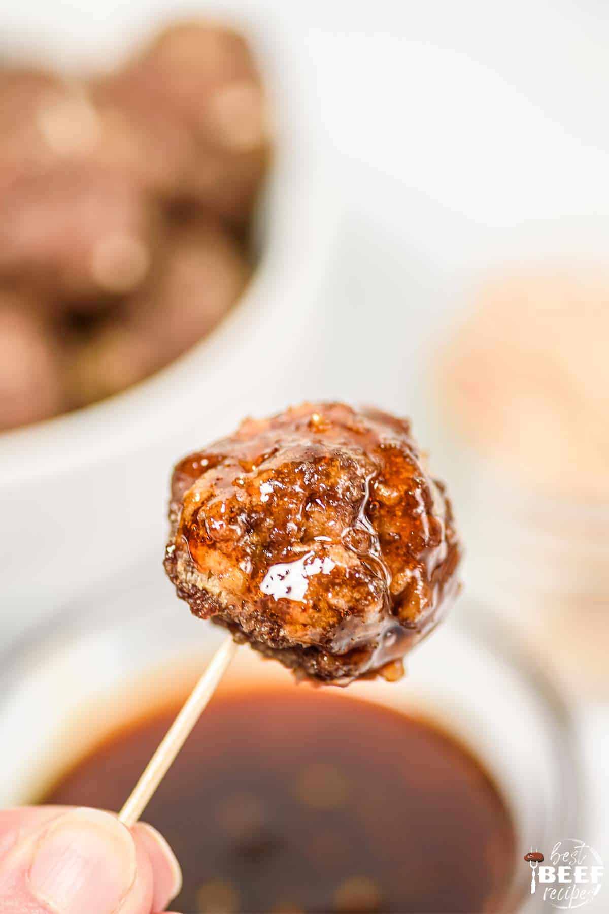 Honey sriracha meatball on a toothpick