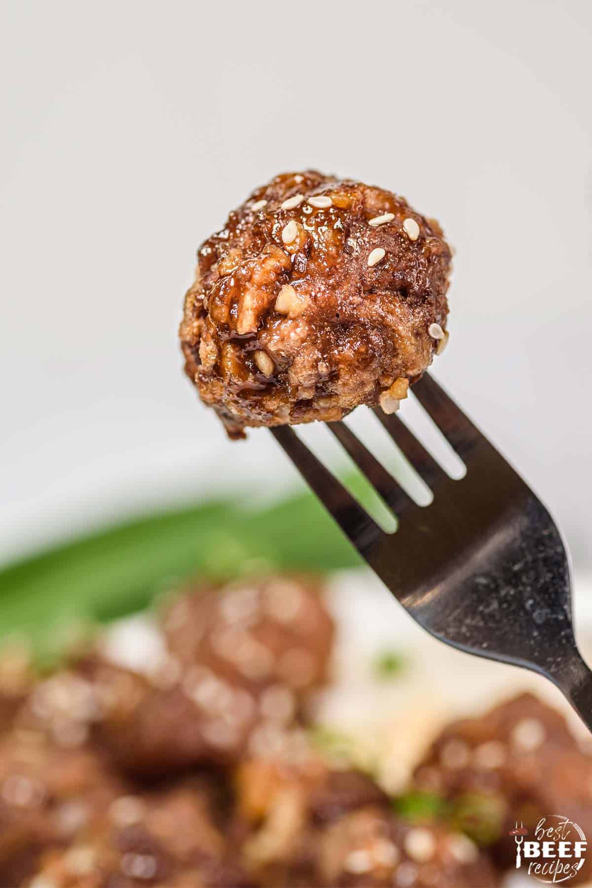 A meatball on a fork up close