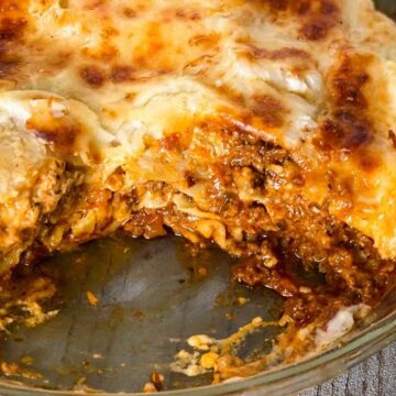 Close up of Instant pot lasagna with a slice missing