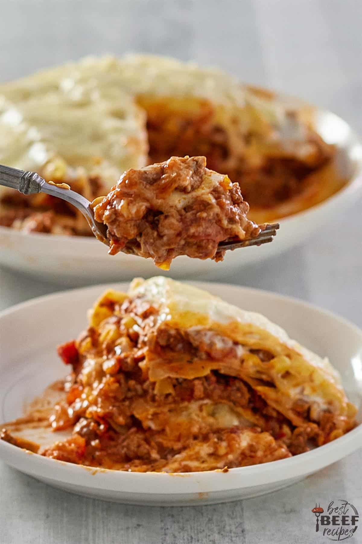 lasagna on a white plate and in a tray