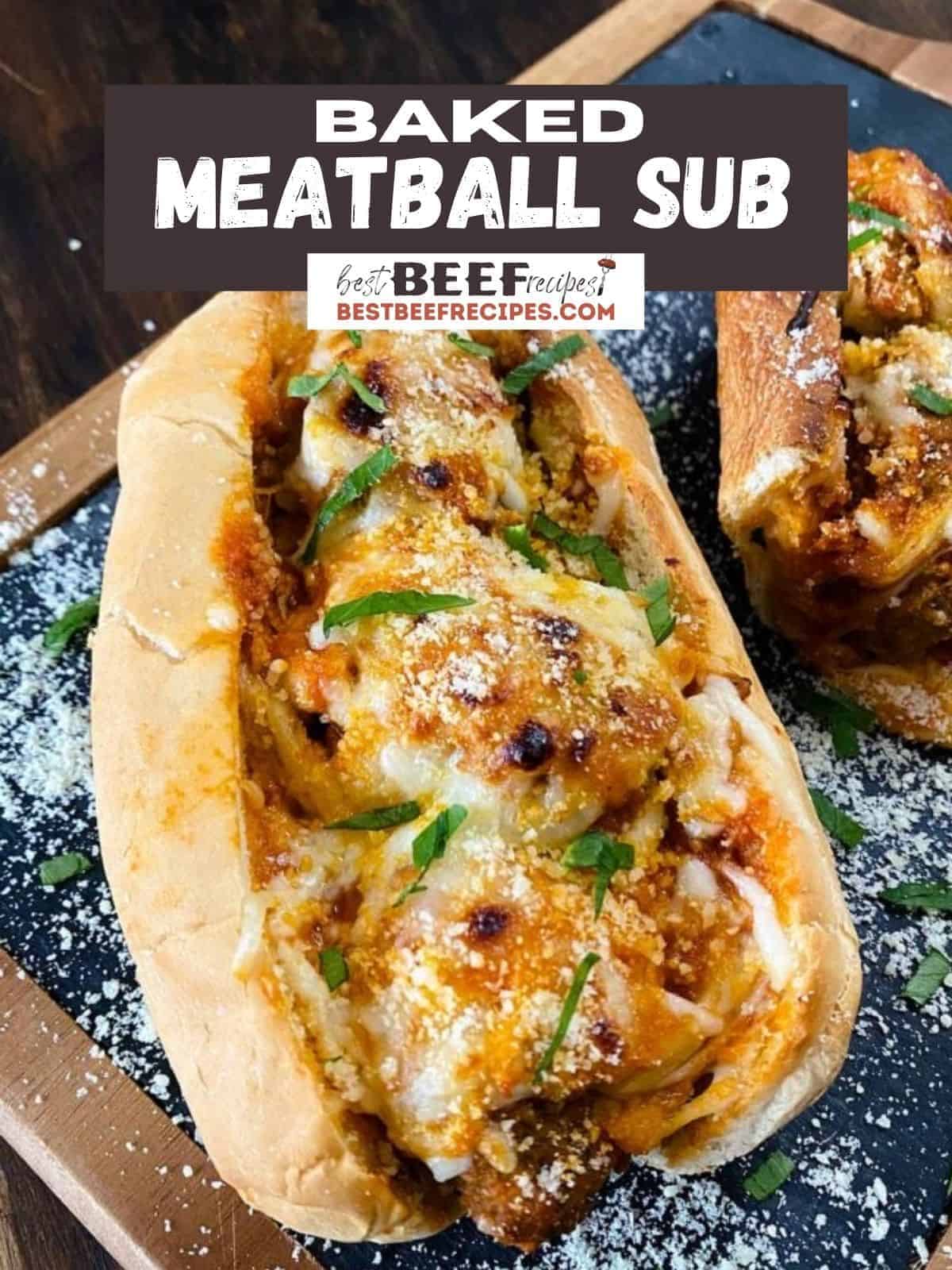 Cheesy meatball sub on a plate