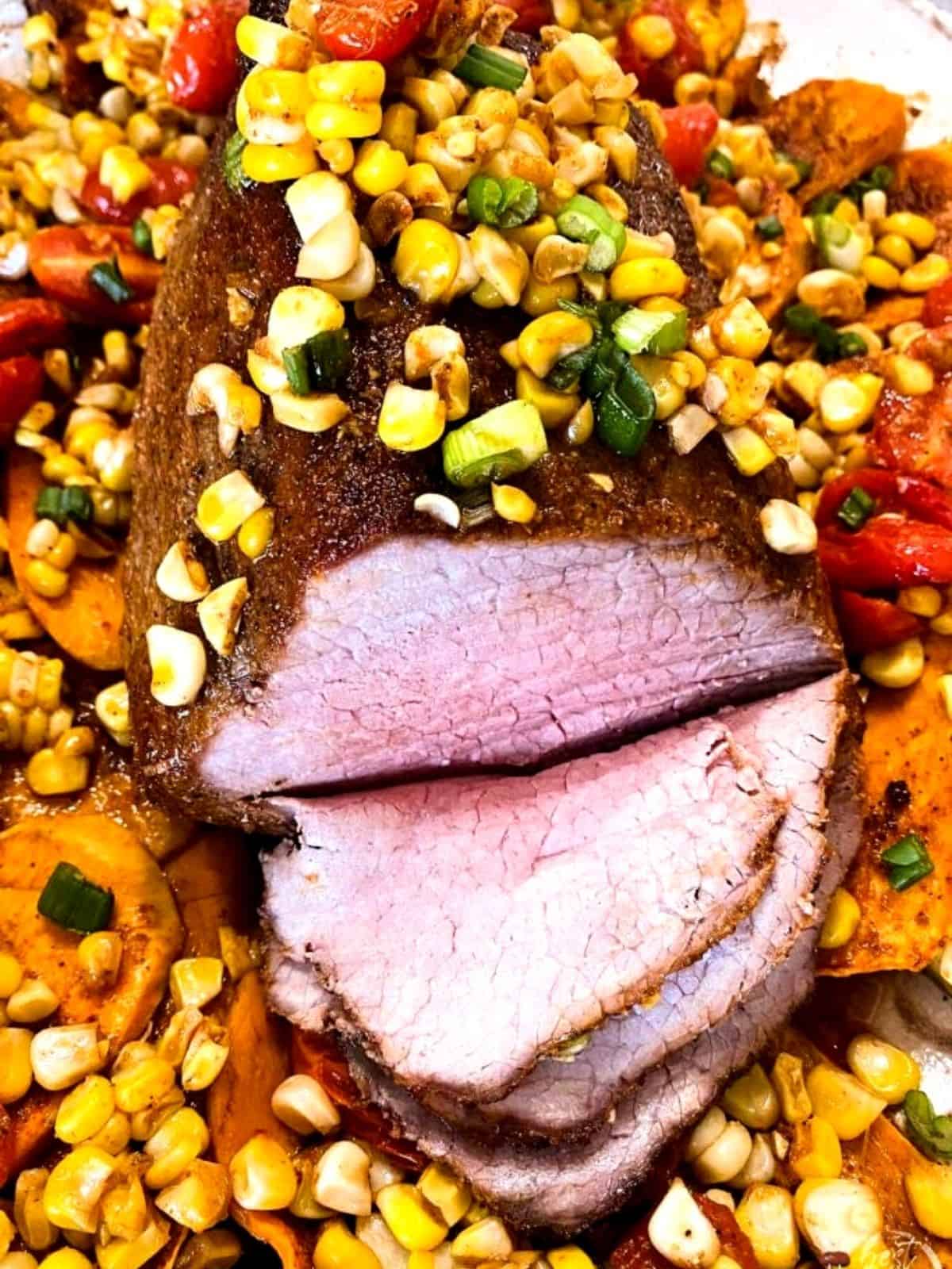 Eye of round roast with corn and grape tomatoes