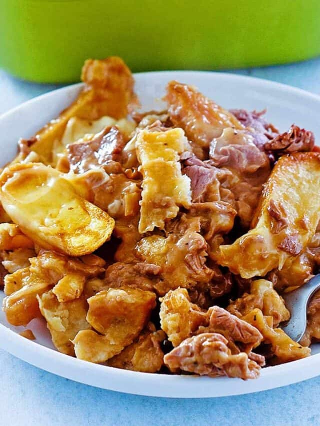 beef poutine in a white bowl