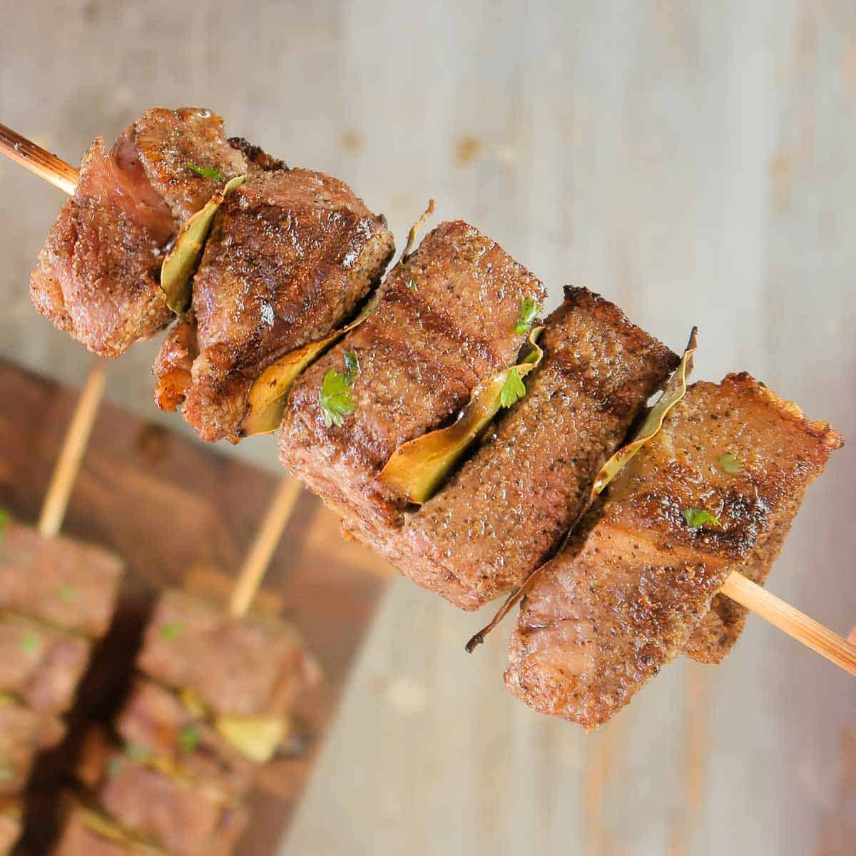 A beef kabob on a skewer