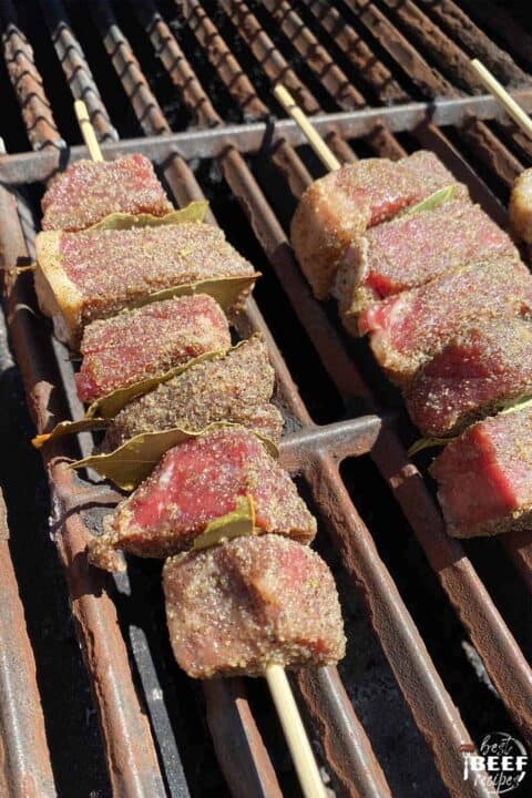 Beef kabobs on the grill cooking