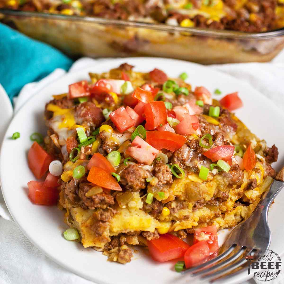 Close up Mexican tortilla casserole on a white plate