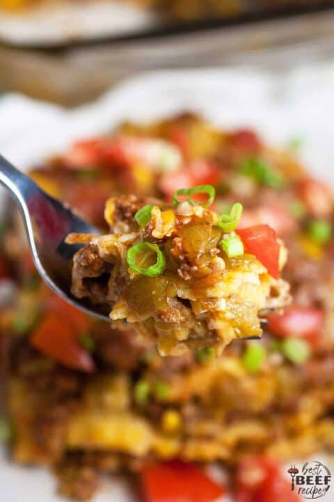 Forkful of Mexican beef casserole
