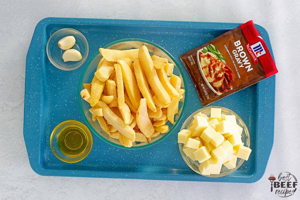 poutine ingredients on a blue tray