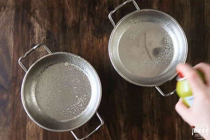 spraying baking dishes with cooking spray