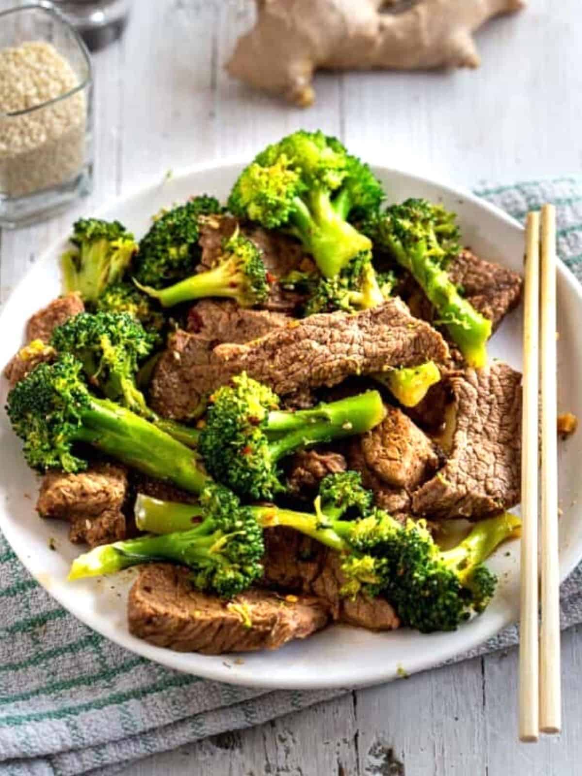 Instant Pot Beef and Broccoli on a white plate