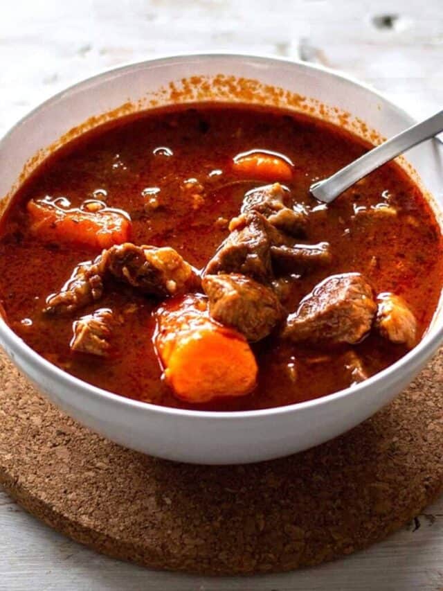 Instant Pot beef stew in a white bowl and a spoon inside