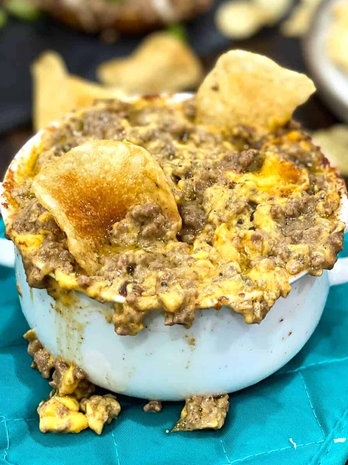 Philly cheesesteak dip in a white dish