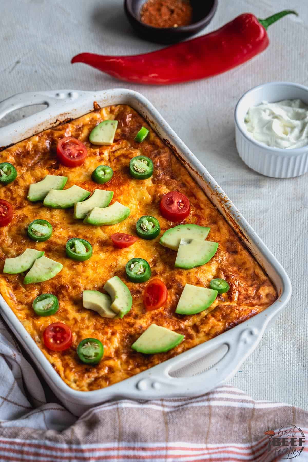 Baked keto taco casserole in a dish