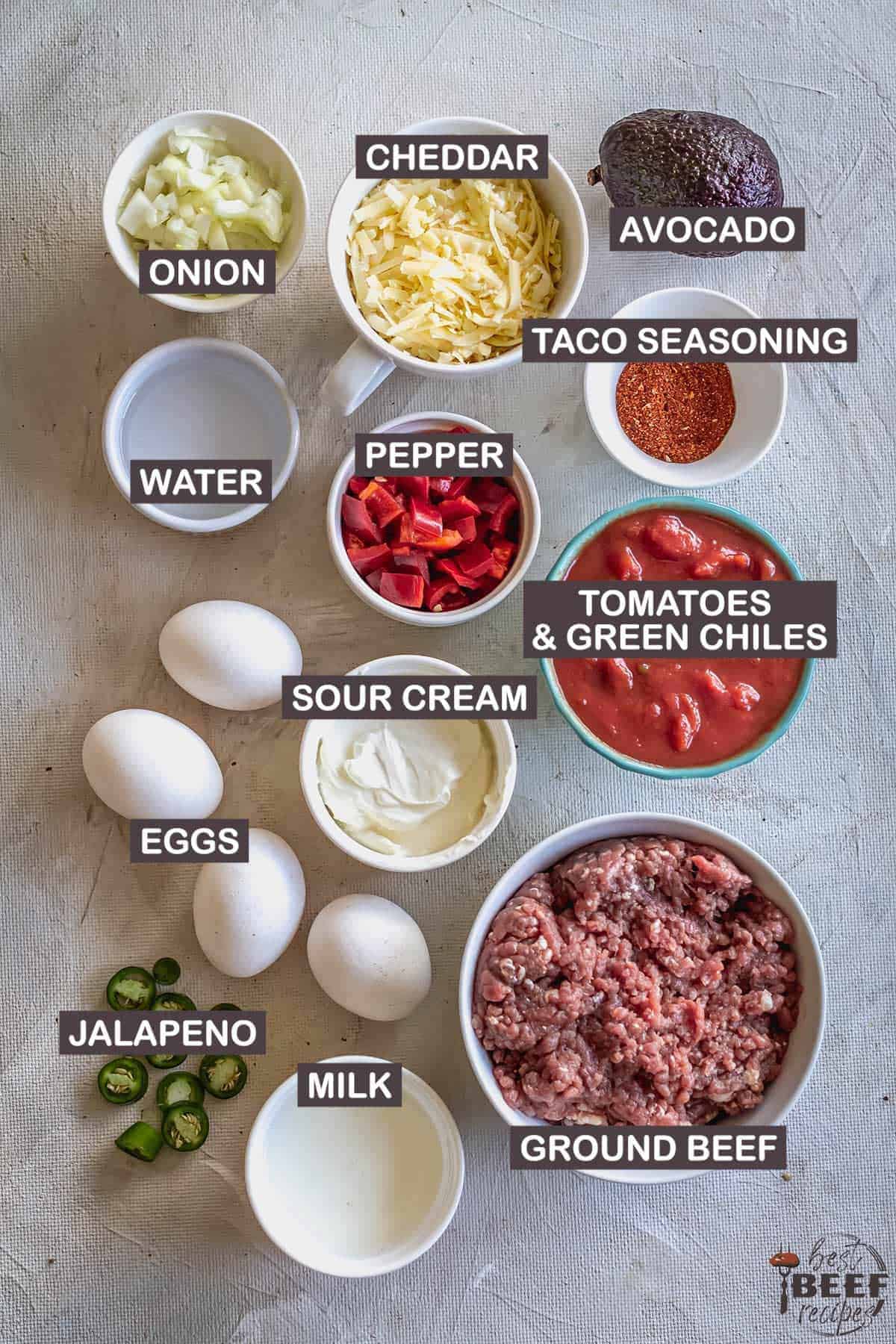 ingredients to make keto taco casserole with labels