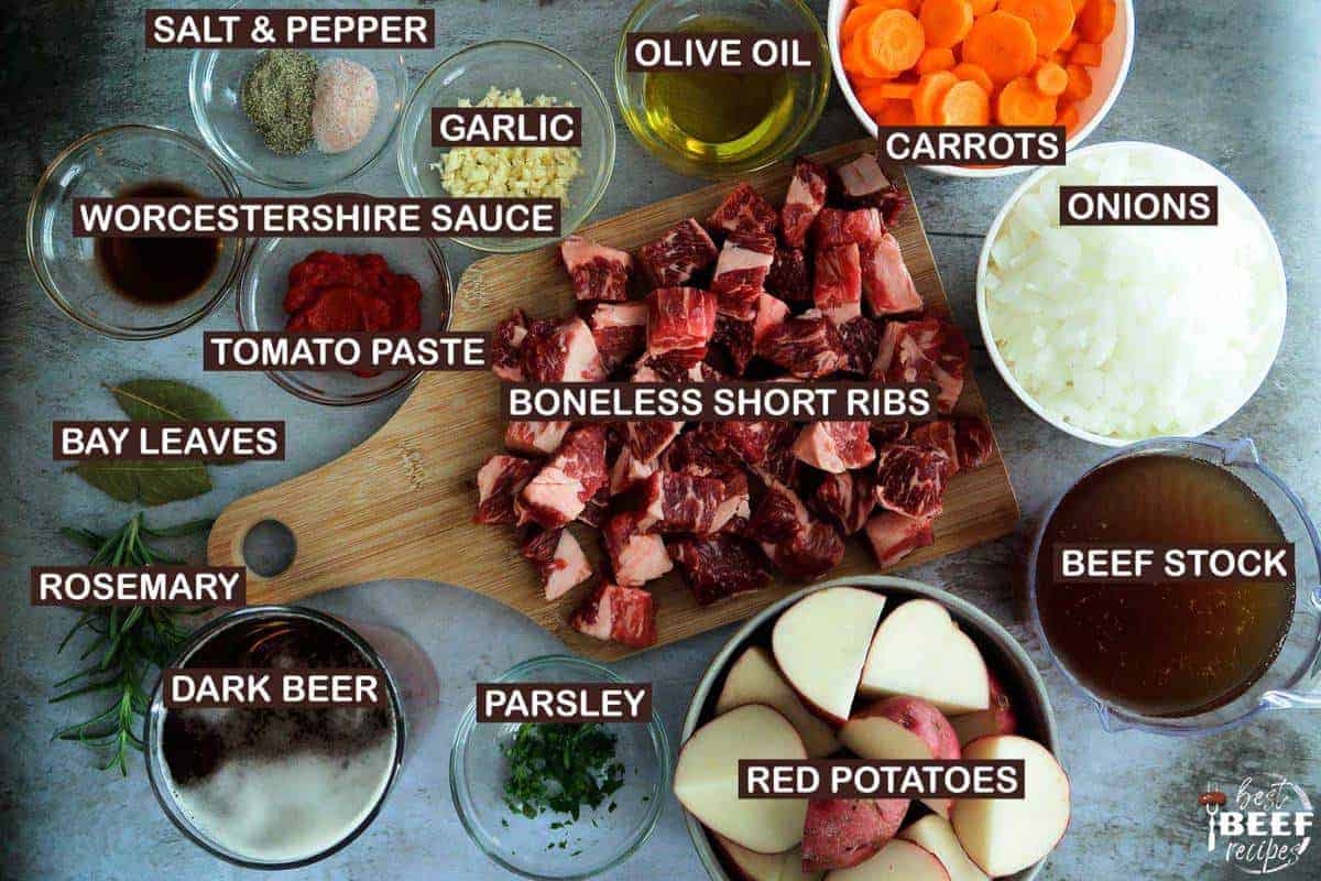 ingredients to make beef short ribs with labels