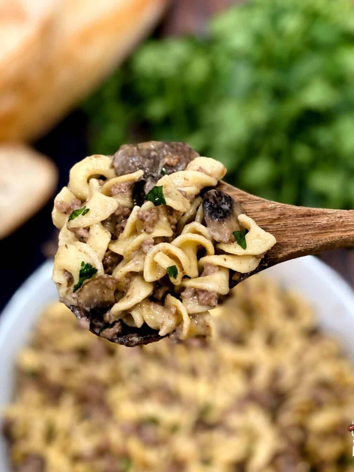 Beef stroganoff with noodles on a wood spoon.