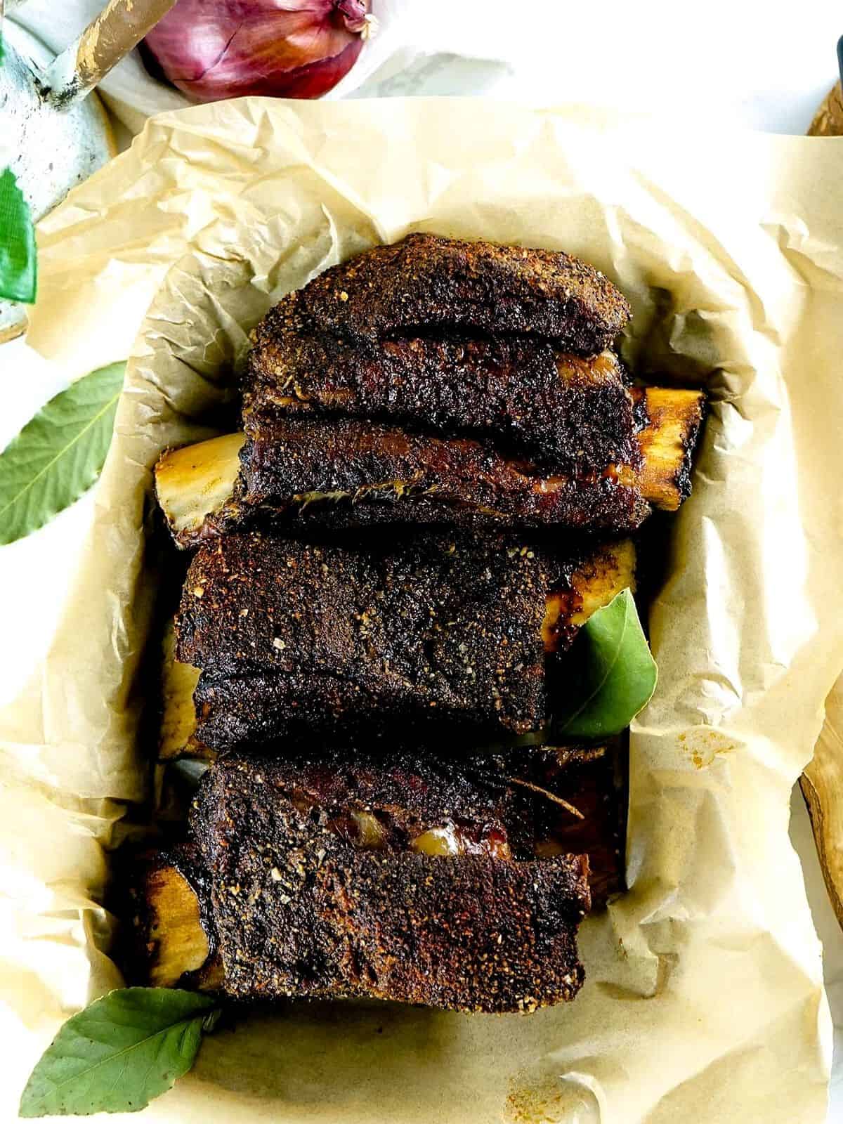 Short ribs smoked in parchment paper.
