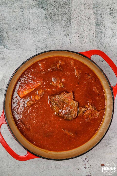 Birria beef stew in a dutch oven pot
