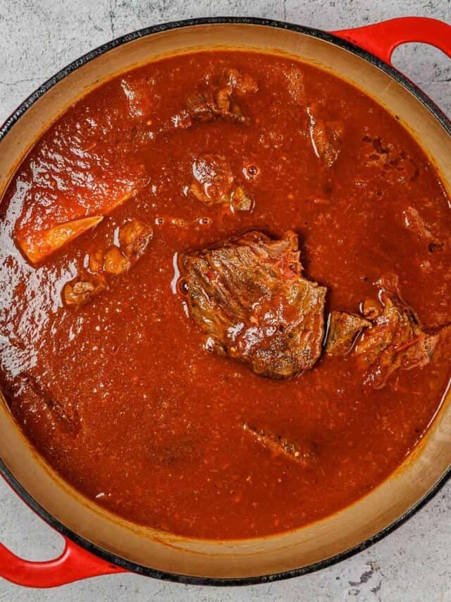 Birria beef stew in a dutch oven pot