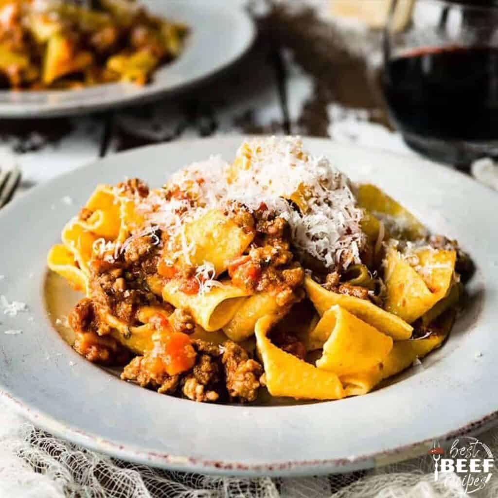 Homemade bolognese with pappardelle up close on a plate
