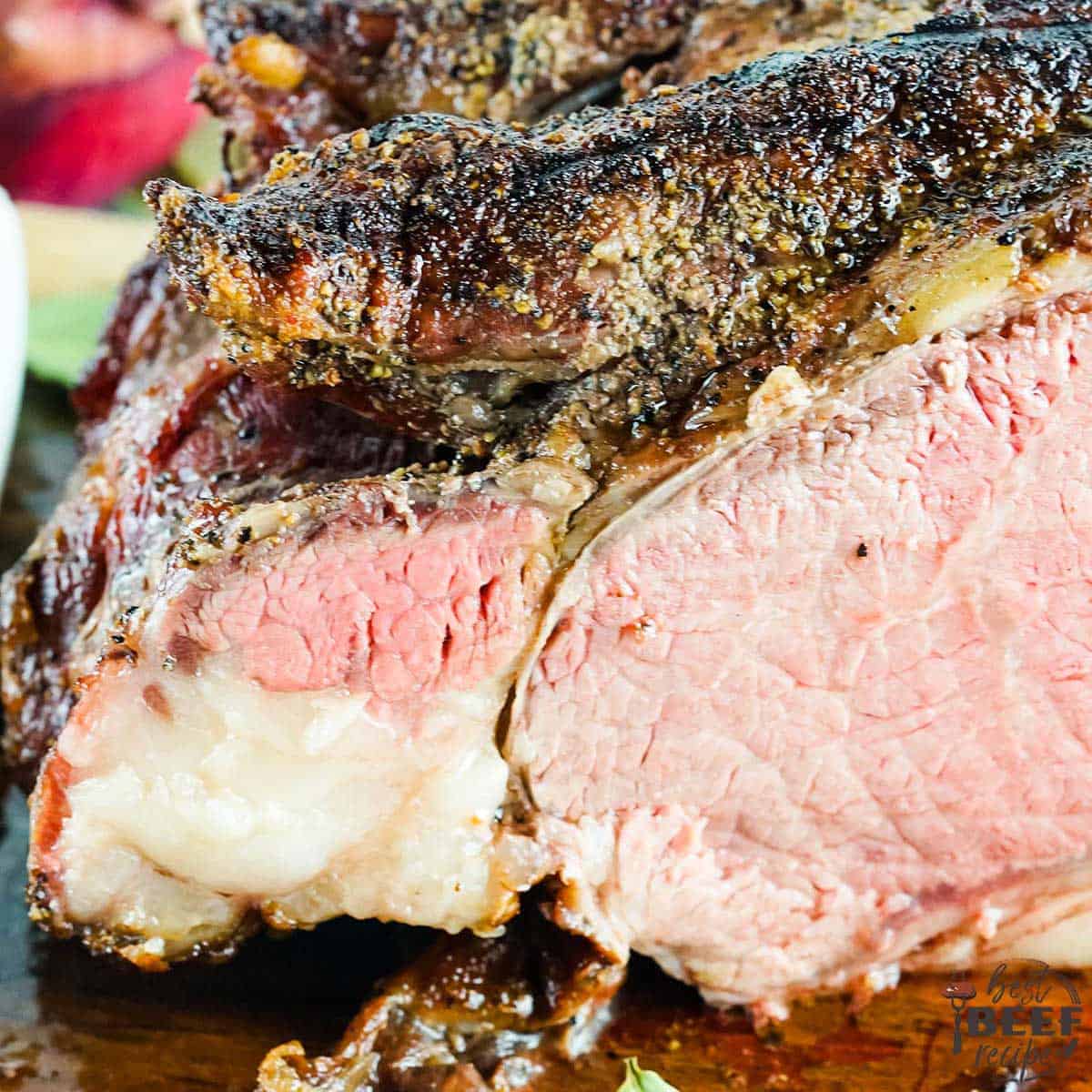 Close up of sliced smoked prime rib using prime rib rub