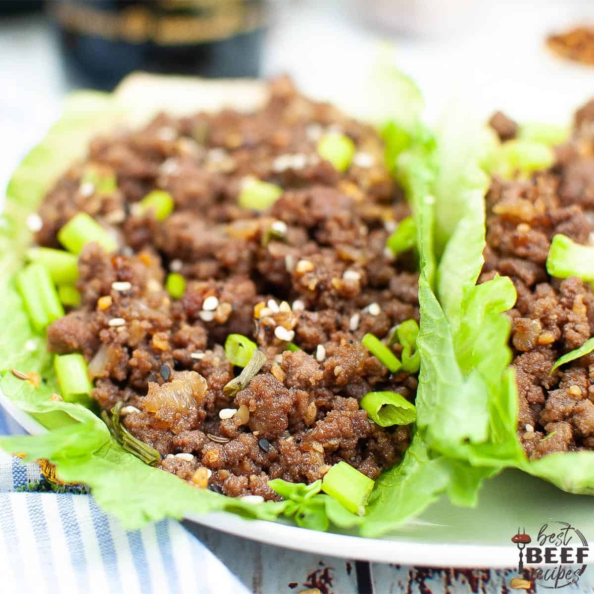 Korean Ground Beef in lettuce wraps up close