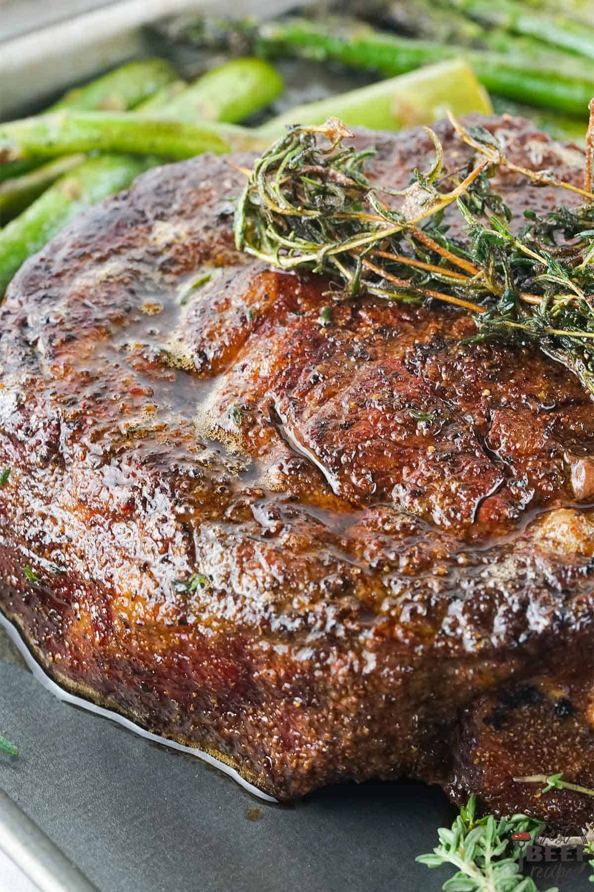 Incredibly juicy tomahawk steak on a tray